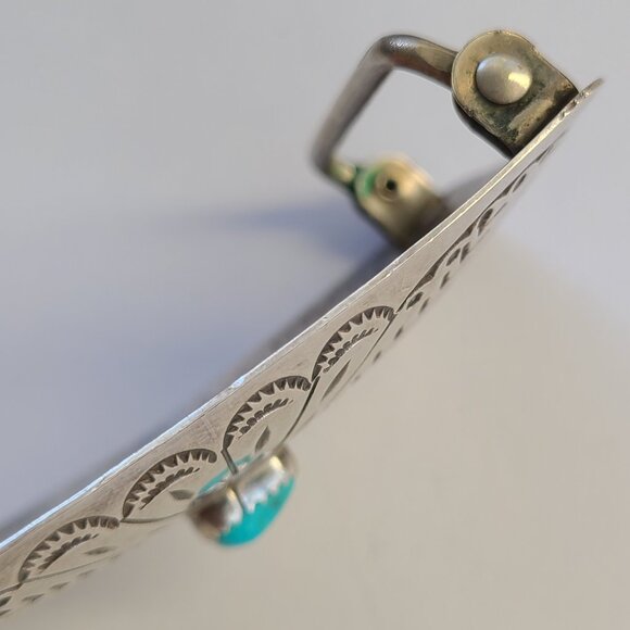 3"x2" Native American Navajo Sterling Silver Turquoise Hand Stamped Belt Buckle - Picture 8 of 8